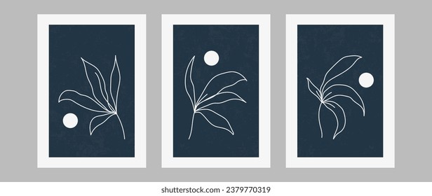 Botanical wall art vector set. Abstract linear pattern of foliage with texture on a dark background. Design for print, cover, wallpaper, minimal and natural wall art.	