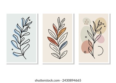Botanical wall art vector set. Foliage line art drawing with abstract shape. Abstract Plant Art design for print, cover, wallpaper, Minimal and natural wall art. Vector illustration