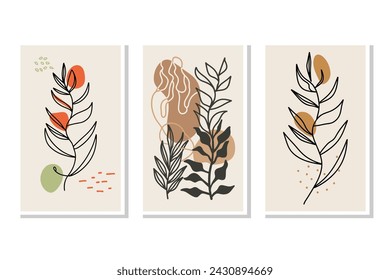 Botanical wall art vector set. Foliage line art drawing with abstract shape. Abstract Plant Art design for print, cover, wallpaper, Minimal and natural wall art. Vector illustration
