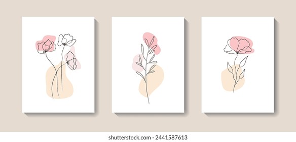 Botanical wall art vector set. Foliage and flower  line art drawing with abstract shape for print, cover, wallpaper, poster. Trendy minimal  wall art. Vector illustration.
