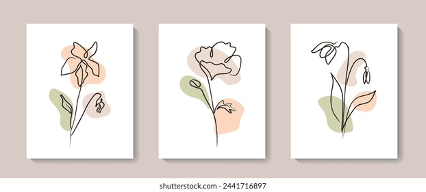 Botanical wall art vector set. Foliage and flower  line art drawing with abstract shape for print, cover, wallpaper, poster. Trendy minimal  wall art. Vector illustration.