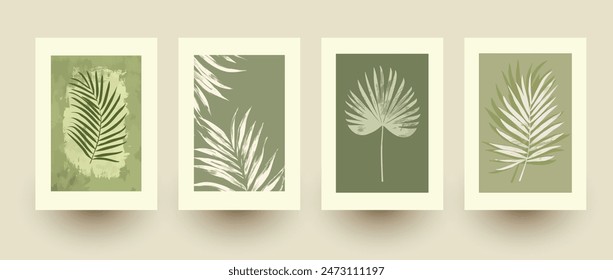 Conjunto de Vector de arte de pared botánica. Dibujo de arte de línea de follaje con forma abstracta. Diseño Abstractas de arte vegetal para impresión, cubierta, Fondo de pantalla, arte de pared minimalista y natural. Ilustración vectorial.