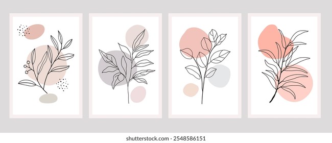 Botanical wall art vector set. Foliage line art drawing with abstract shape. Abstract Plant Art design for print, cover, wallpaper, Minimal and natural wall art. Vector illustration.