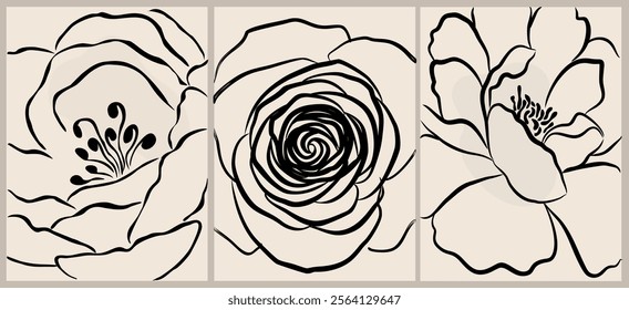 Botanical wall art vector set. Nordic line art drawing with abstract shape. Abstract Plant Art design for print, cover, wallpaper, Minimal and natural wall art. Beige and black vector illustration