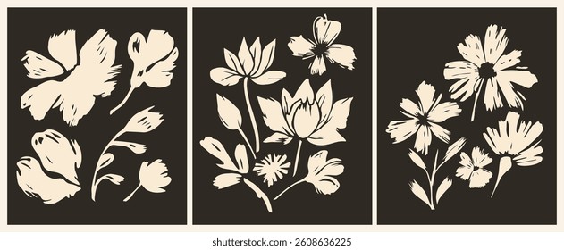Botanical wall art vector set. Brush ink drawing with abstract shape. Abstract Plant Japandi Art design for print, cover, wallpaper, Minimal and natural wall art. Beige and black vector illustration