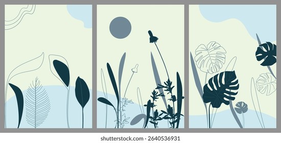 Botanical wall art vector set. leaf branch, Water color boho foliage line art drawing with abstract shape. Abstract Plant Art design for print, cover, wallpaper, Minimal and natural wall art.