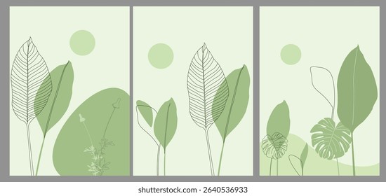 Botanical wall art vector set. leaf branch, Water color boho foliage line art drawing with abstract shape. Abstract Plant Art design for print, cover, wallpaper, Minimal and natural wall art.