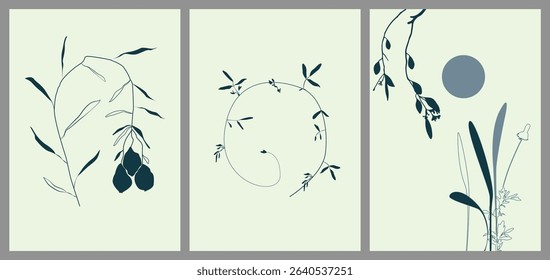 Botanical wall art vector set. leaf branch, Water color boho foliage line art drawing with abstract shape. Abstract Plant Art design for print, cover, wallpaper, Minimal and natural wall art.
