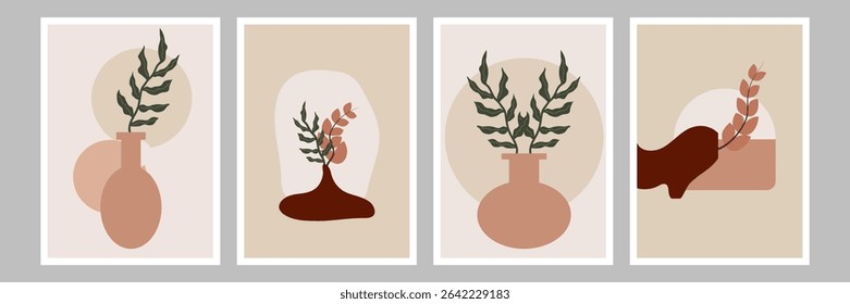 Botanical wall art vector set. Earth tone boho foliage line.