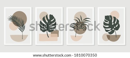 Botanical wall art vector set. Tropical Foliage line art drawing with  abstract shape.  Abstract Plant Art design for print, cover, wallpaper, Minimal and  natural wall art. Vector illustration.