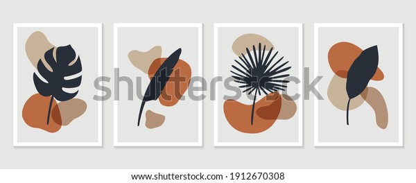 Botanical wall art vector set. Tropical\
Foliage line art drawing with abstract shape. Abstract Plant Art\
design for print, cover, wallpaper, Minimal and natural wall art.\
Vector illustration