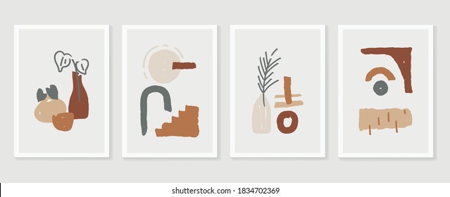 Botanische Wandkunst, Vektorset. Erdton boho Blattlinie Zeichnung mit abstrakter Form.  Abstraktes Pflanzendesign für Druck, Deckel, Tapeten, Minimale und natürliche Wandkunst.
