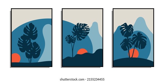 Botanical wall vector art or boho. Draw tropical foliage line art with abstract shapes. Abstract Plant Art Design for print, cover, wallpaper, Minimal and natural wall art. Vector illustration.
