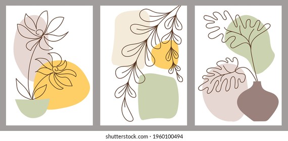 Botanical wall vector set in minimal style. Artistic drawing, abstract plant art design for print, covers, wallpaper, social media stories.