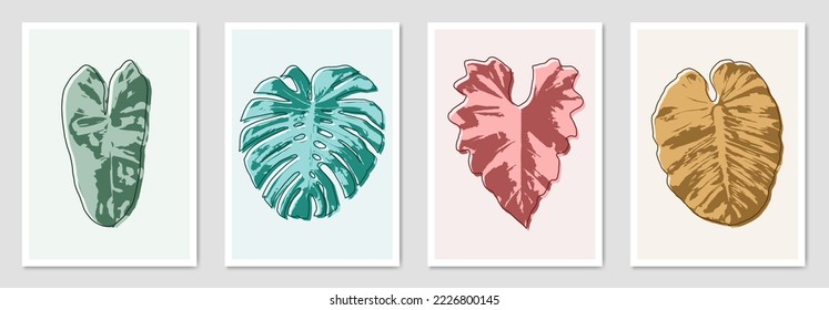 Botanical wallpaper art vector set. Abstract leaf line drawing shape of Philodendron burl-marxii giganteum, Monstera, Alocasia fornicata. Pastel tones of green, blue, red, yellow. Vector illustration.