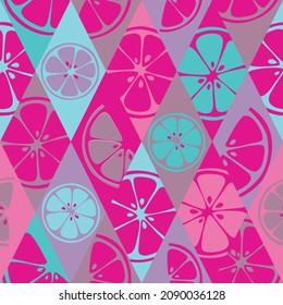 Botanical wallpaper with fruits slices. Abstract colored pink seamless pattern. Vector illustration of lime, pomelo, grapefruit, lemon.