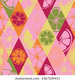 Botanical wallpaper with fruits slices. Floral colored pink seamless pattern. Vector illustration of lime, pomelo, grapefruit, lemon.
