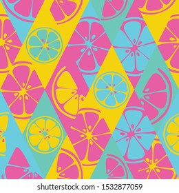 Botanical wallpaper with neon fruits slices.  Creative cyan seamless pattern. Vector illustration of lime, pomelo, grapefruit, lemon.