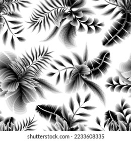 botanical wallpaper seamless pattern on white background. vintage tropical plants leaves seamless background. Tropics on white background. Fashionable seamless tropical pattern. Exotic wallpaper.
