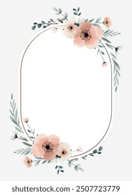 Botanical watercolor frame for invitations and cards. Foral wreath with meadow flowers in pastel colors.