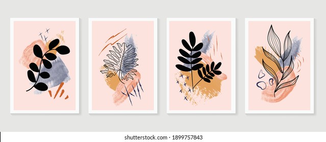 Botanical watercolor wall art vector set. Earth tone boho foliage line art drawing with  abstract shape.  Abstract Plant Art design for wall framed prints, canvas prints, poster, home decor.