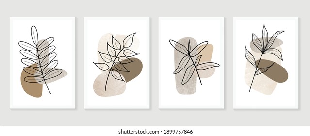 Botanical watercolor wall art vector set. Earth tone boho foliage line art drawing with  abstract shape.  Abstract Plant Art design for wall framed prints, canvas prints, poster, home decor.