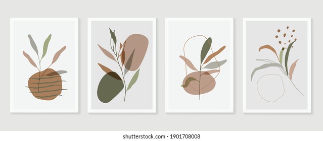 Botanical watercolor wall art vector set. Earth tone boho foliage line art drawing with  abstract shape.  Abstract Plant Art design for wall framed prints, canvas prints, poster, home decor.