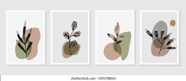 Conjunto de vectores de arte de pared de acuarela botánica. Tono de la Tierra dibujo de líneas de follaje boho con forma abstracta.  Resumen Diseño de arte vegetal para impresiones enmarcadas en la pared, impresiones de lona, afiche, decoración casera.