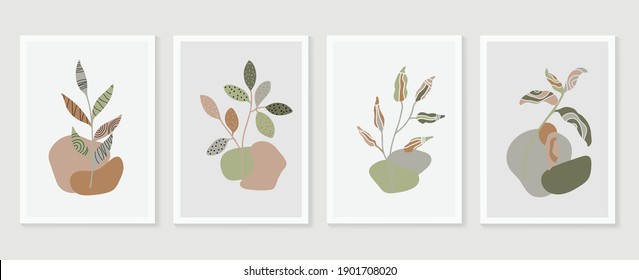 Botanical watercolor wall art vector set. Earth tone boho foliage line art drawing with  abstract shape.  Abstract Plant Art design for wall framed prints, canvas prints, poster, home decor.