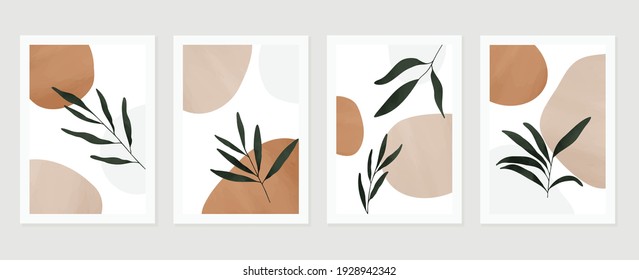 Botanical watercolor wall art vector set. Earth tone background foliage line art drawing with abstract shape.  Abstract Plant Art design for wall framed prints, canvas prints, poster, home decor.