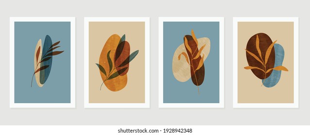 Botanical watercolor wall art vector set. Earth tone background foliage line art drawing with abstract shape.  Abstract Plant Art design for wall framed prints, canvas prints, poster, home decor.