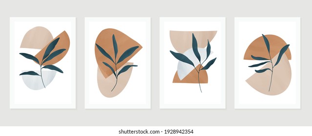 Botanical watercolor wall art vector set. Earth tone background foliage line art drawing with abstract shape.  Abstract Plant Art design for wall framed prints, canvas prints, poster, home decor.