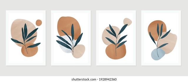 Botanical watercolor wall art vector set. Earth tone background foliage line art drawing with abstract shape.  Abstract Plant Art design for wall framed prints, canvas prints, poster, home decor.