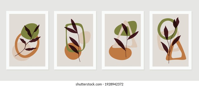 Conjunto de vectores de arte de pared de acuarela botánica. Dibujo de líneas de follaje de fondo de tono de la Tierra con forma abstracta.  Resumen Diseño de arte vegetal para impresiones enmarcadas en la pared, impresiones de lona, afiche, decoración casera.