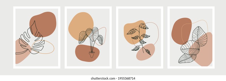Botanical watercolor wall art vector set. Earth tone boho foliage line art drawing with abstract shape. Abstract Plant Art design for wall framed prints, canvas prints, poster, home decor