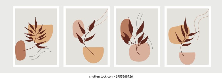 Botanical watercolor wall art vector set. Earth tone boho foliage line art drawing with abstract shape. Abstract Plant Art design for wall framed prints, canvas prints, poster, home decor