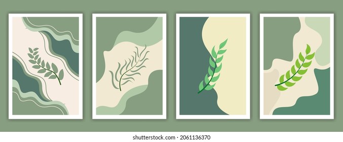 Botanical watercolor wall art vector set. Earth tone background foliage line art drawing with abstract shape. Abstract Plant Art design for wall framed prints, canvas prints, poster, home decor.