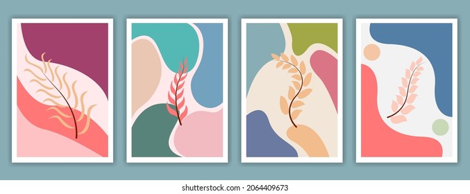 Botanical watercolor wall art vector set. Earth tone background foliage line art drawing with abstract shape. Abstract Plant Art design for wall framed prints, canvas prints, poster, home decor.