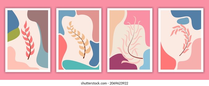 Botanical watercolor wall art vector set. Earth tone background foliage line art drawing with abstract shape. Abstract Plant Art design for wall framed prints, canvas prints, poster, home decor.