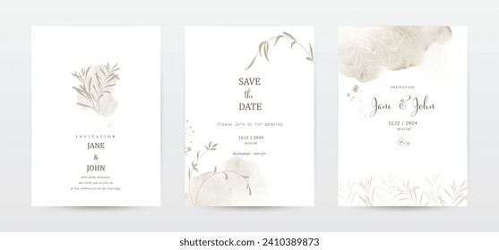 Botanical watercolor wedding invitation template cards set. Collection of leaves watercolor vector suitable for Wedding Invitation, save the date, thank you, or greeting card.