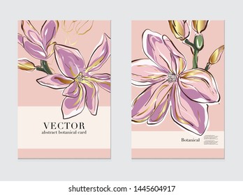Botanical wedding invitation, business flyer template, greeting card. Magnolia design,  pink gold flowers and leaves soft background, vintage style