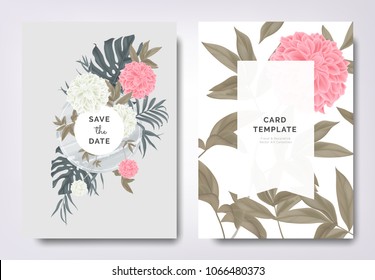 Botanical wedding invitation card template design, pink and white dahlia flowers and leaves on green frame, vintage style Botanical wedding invitation card template design, pink and white dahlia flowers and leaves on green frame, vintage style