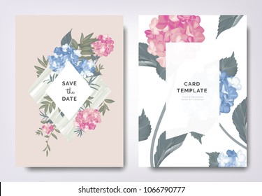 Botanical wedding invitation card template design, blue and pink hydrangea flowers and leaves on green frame, vintage style Botanical wedding invitation card template design, blue and pink hydrangea flowers and leaves on green frame, vintage style