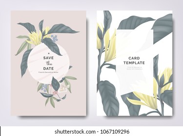 Botanical wedding invitation card template design, white Champaka and other leaves with white frame on brown background, vintage style