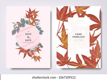 Botanical wedding invitation card template design, red Japanese maple leaves and other leaves with pink frame on pink background, vintage style