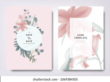 Botanical wedding invitation card template design, pink lily flowers and leaves with blue frame on pink background, vintage style