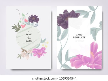 Botanical wedding invitation card template design, paenia lactiflora flowers and leaves with green frame on green background, vintage style Botanical wedding invitation card template design, paenia lactiflora flowers and leaves with green frame on green background, vintage style