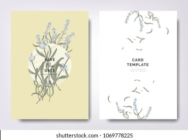 Botanical wedding invitation card template design, lavandula/lavender flowers and leaves with circle frame on yellow background, minimalist vintage style Botanical wedding invitation card template design, lavandula/lavender flowers and leaves with circle frame on yellow background, minimalist vintage style