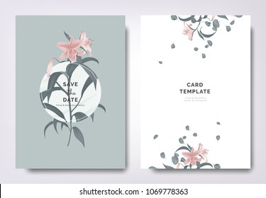 Botanical wedding invitation card template design, pink lily flowers and leaves with circle frame on blue background, minimalist vintage style