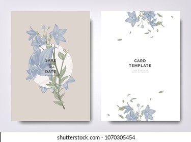 Botanical wedding invitation card template design, Platycodon or balloon flowers and leaves with circle frame on brown background, minimalist vintage style Botanical wedding invitation card template design, Platycodon or balloon flowers and leaves with circle frame on brown background, minimalist vintage style
